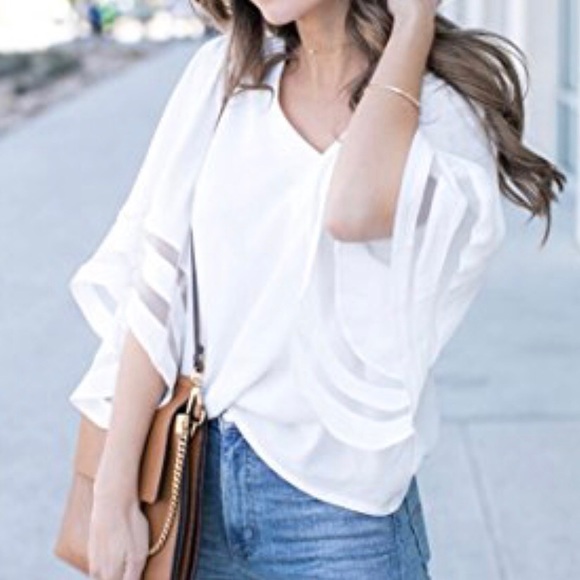 NWT V Neck Mesh Blouse 3/4 Bell Sleeve Loose Top - Picture 6 of 8